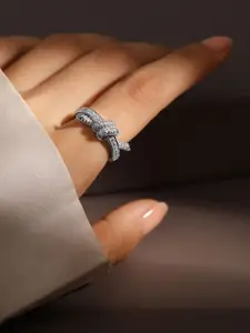 Rubans Rhodium Plated Baguette & Pave Cubic Zirconia Studded Knot Design Openable Ring