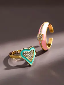 Rubans Set of 2 18K Gold Plated Turquoise & Pink Enamel Cubic Zirconia Studded Rings
