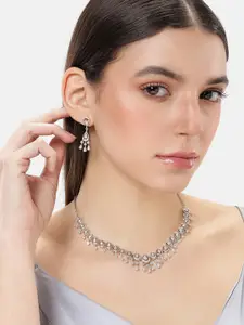 Estele Rhodium Plated CZ Studded Teardrop Shaped Necklace & Earring Jewelry Set