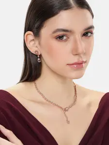Estele Rose Gold Plated CZ Studded Necklace & Earring Jewelry Set