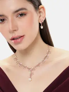 Estele Rose Gold Plated CZ Studded Floral Necklace & Earring Jewelry Set