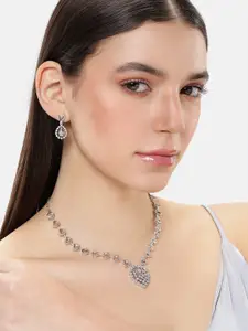 Estele Rhodium Plated CZ Studded Teardrop Shaped Necklace & Earring Jewelry Set