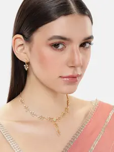 Estele Gold Plated CZ Studded Floral Necklace & Earring Jewelry Set