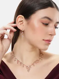 Estele Rose Gold Plated CZ Studded Floral Necklace & Earring Jewelry Set