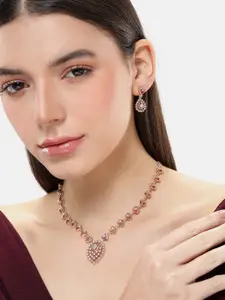 Estele Rose Gold Plated CZ Studded Teardrop Shaped Necklace & Earring Jewelry Set