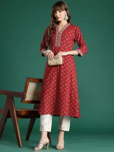 Indo Era Ethnic Motifs Embroidered Mirror Work Pure Cotton Kurta