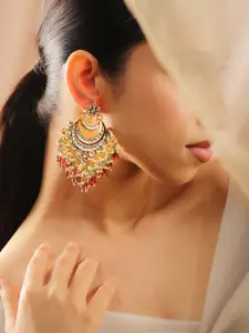 Rubans 22K Gold Plated Kundan Studded Handcrafted Chandbali with Ruby & Green Beads