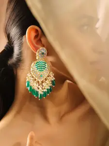 Rubans 18K Gold Plated Handcrafted Kundan & Emerald Green Beaded Chandelier