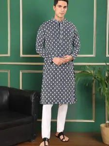 TATTVA Embroidered Mandarin Collar Straight Thread Work Pure Cotton Kurta With Pyjamas