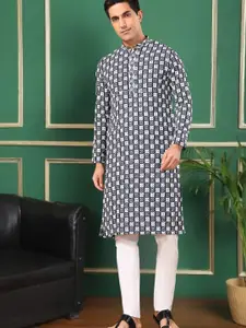 TATTVA Embroidered Mandarin Collar Straight Thread Work Pure Cotton Kurta With Pyjamas