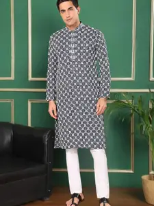 TATTVA Embroidered Mandarin Collar Straight Thread Work Pure Cotton Kurta With Pyjamas