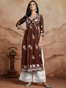 KALINI Floral Embroidered V Neck A Line Chikankari Kurta
