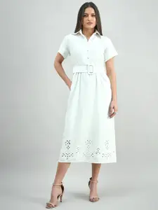 PowerSutra Cotton Schiffli A-Line Dress With Belt