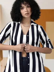 DressBerry Women Spread Collar Vertical Striped Casual Shirt
