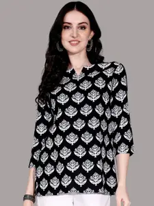 SANGOURI Women Floral Printed Mandarin Collar Viscose Rayon Ethnic Short Kurti