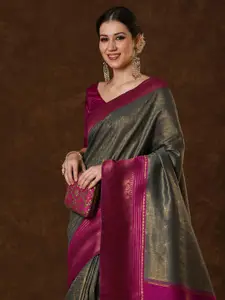 Saree mall Checked Zari Silk Blend Kanjeevaram Sarees