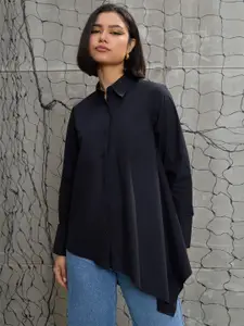 SASSAFRAS Women Relaxed Oversized Fit Spread Collar Solid Cotton Casual Shirt