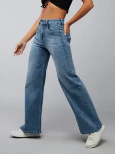 DOLCE CRUDO Women Wide Leg High-Rise Low Distress Heavy Fade Stretchable Jeans