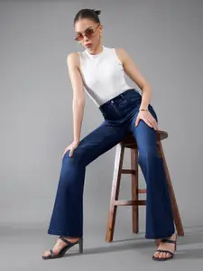 DOLCE CRUDO Women Wide Leg High-Rise Light Fade Stretchable Cotton Jeans