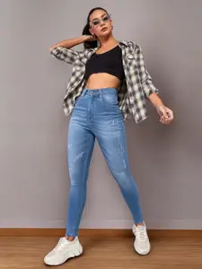 DOLCE CRUDO Women Skinny Fit High-Rise Low Distress Light Fade Stretchable Jeans