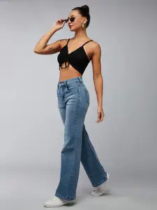 DOLCE CRUDO Women Wide Leg High-Rise Light Fade Stretchable Jeans