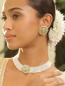 Rubans 22K Gold Plated Kundan Studded & Pearl Beaded Handcrafted Choker Necklace Set