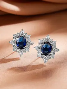 Rubans Rhodium Plated Blue Sapphire & Cubic Zirconia Studded Floral Stud Earrings