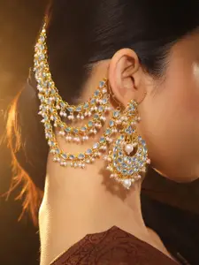 Rubans 22K Gold Plated Kundan & Pearl Multi Layered Bridal Ear Chain Chandbali Earrings