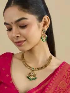 Kushal's Fashion Jewellery Ruby-Green Gold-Plated Stone Studded & Beaded Antique Necklace