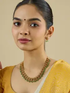 Kushal's Fashion Jewellery Ruby-Green Gold-Plated Stone Studded & Beaded Antique Necklace