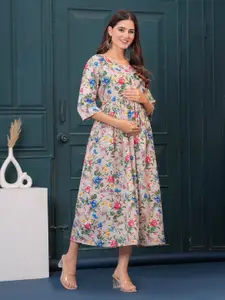 Nayo Women Floral Printed Maternity Cotton Fit and Flare Midi Dress