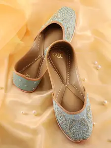 House of Pataudi Women Indie Floral Embroidered Leather Mojaris