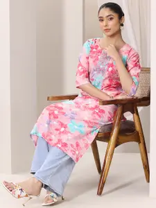 Libas Floral Printed Thread Work Round Neck Silk Straight Kurta