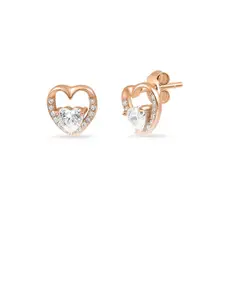 Zavya 925 Sterling Silver Rose Gold-Plated CZ-Studded Heart Shaped Studs