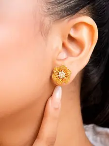 Zavya 92.5 Sterling Silver Gold-Plated Cubic Zirconia Floral Studs Earrings