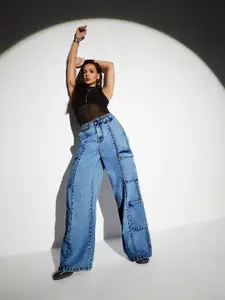 Miss Chase Women Wide Leg High-Rise Cargo Style Stretchable Jeans