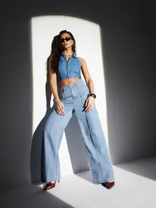 Miss Chase Women Wide Leg High-Rise Heavy Fade Stretchable Jeans