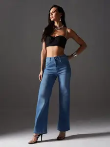 Miss Chase Women Wide Leg Low Distress Light Fade Stretchable Jeans