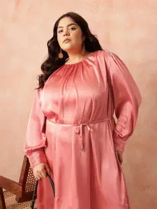 all about you Plus Size Puff Sleeve Satin Finish A-Line Party Dress with Tir-up Detail