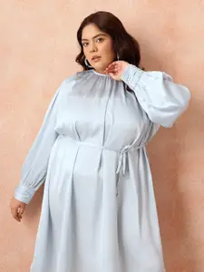 all about you Plus Size Puff Sleeve Satin Finish A-Line Party Dress with Tir-up Detail