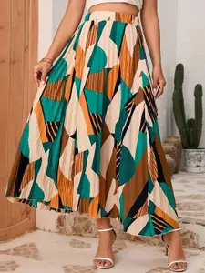 ZWERLON Women Printed Accordion Pleats Flared Maxi Skirt