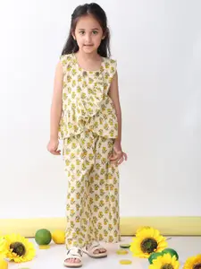 Sangria Girls Printed Round Neck Pure Cotton Top With Palazzo