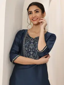 Libas Floral Embroidered Notch Neck Straight Kurta