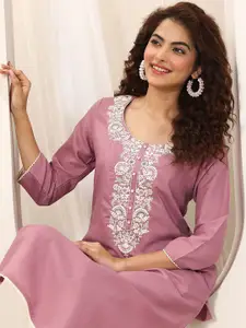 Libas Floral Embroidered Round Neck Thread Work Straight Kurta