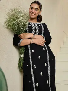 Indo Era Floral Embroidered Round Neck Straight Kurta