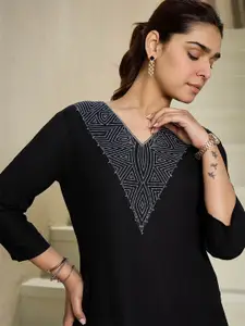 Indo Era Geometric Embroidered V Neck Pure Cotton Kurta