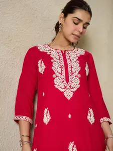 Indo Era Floral Embroidered Notch Neck Kurta