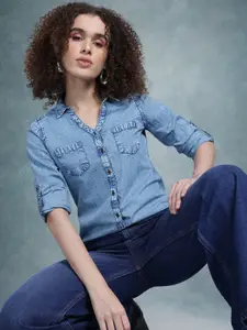 The Roadster Lifestyle Co. Faded Roll Up Sleeves Denim Pure Cotton Casual Shirt