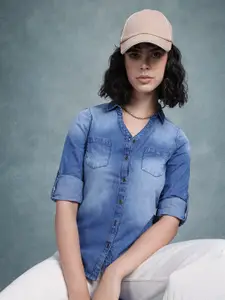 The Roadster Lifestyle Co. Faded Roll Up Sleeves Denim Pure Cotton Casual Shirt