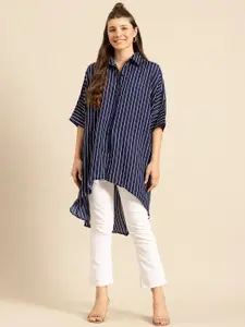 Qurvii Women Comfort Striped Loose Fit Longline Crepe Casual Shirt